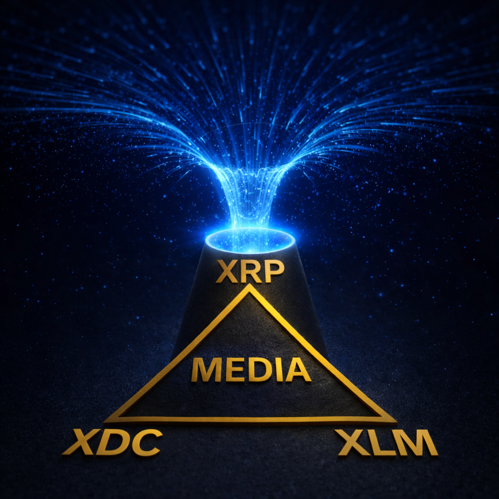 Blue-black hole portal representing entry into the XRP token economy, with a gold triangle connecting XRP, XDC, and XLM.